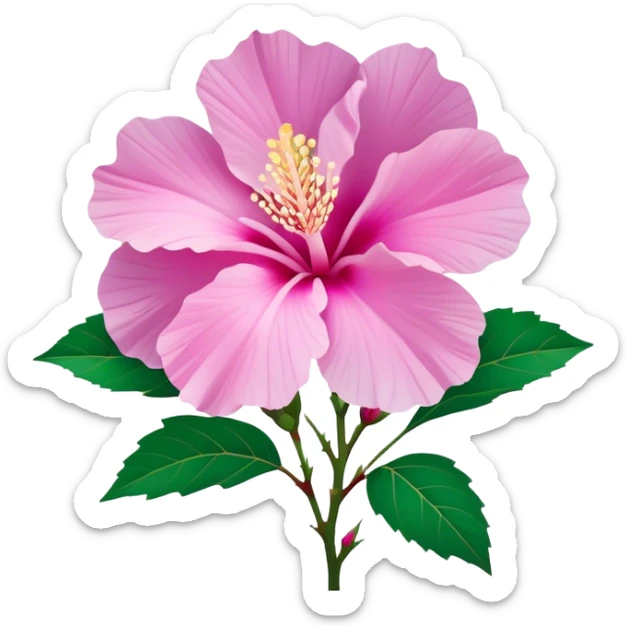 Cinematic Realistic image of a Mugunghwa flower (Rose of Sharon), rendered with delicate petal textures and vibrant pink hues, set against a minimalist background with gentle, diffused lighting that highlights its national significance sticker
