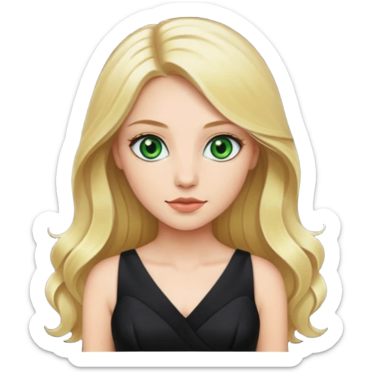 Woman with green eyes  and long blonde hair wearing a black party dress sticker