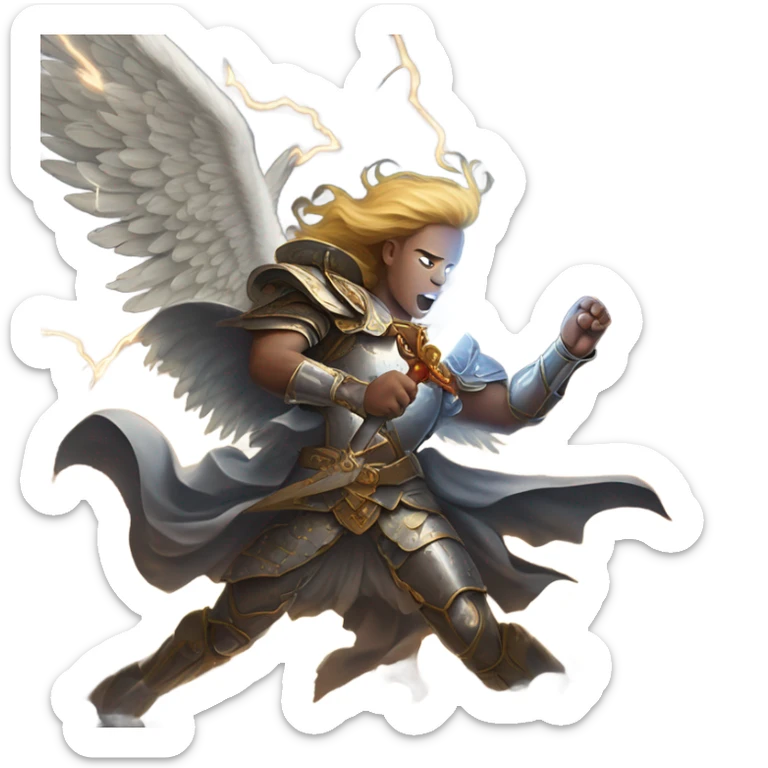 angels and demons in a lively fight mid flight with swords and armor and lightning sticker