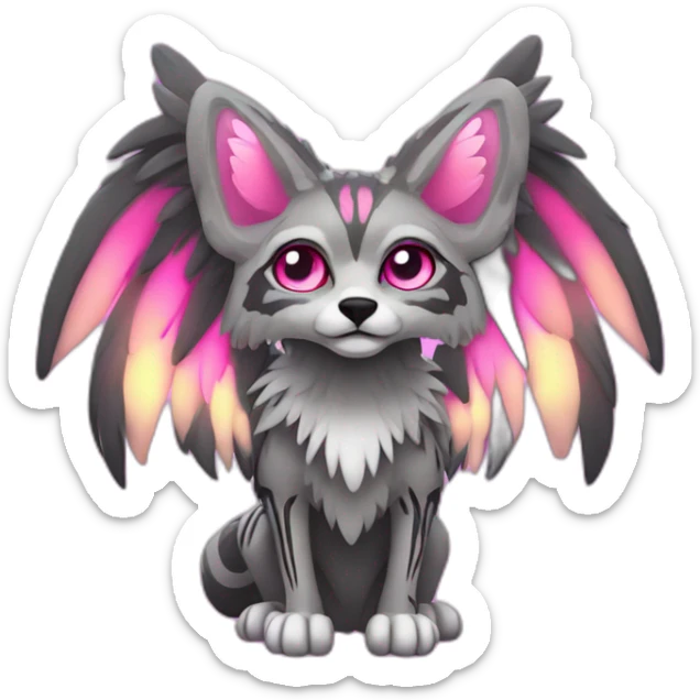 Coyote ocelot standing with grey and black fur and phoenix wings on back and pink ears half skeleton, neon lights sticker