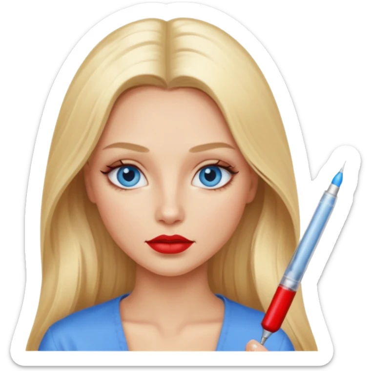 Realistic blonde girl, long full hair, blue eyes, red lips, getting Botox, very relaxed   sticker