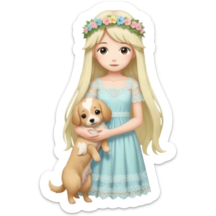 Pastel anime lady long hair with long lace dress full body holding puppy sticker