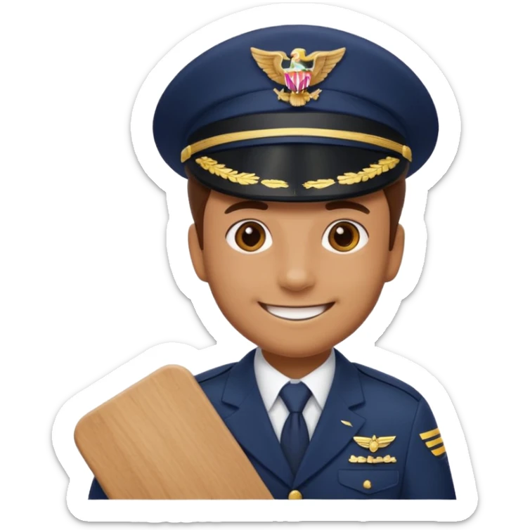 Slack-style emoji of a pilot wearing a navy captain hat holding a board with the text "WIP" on it sticker