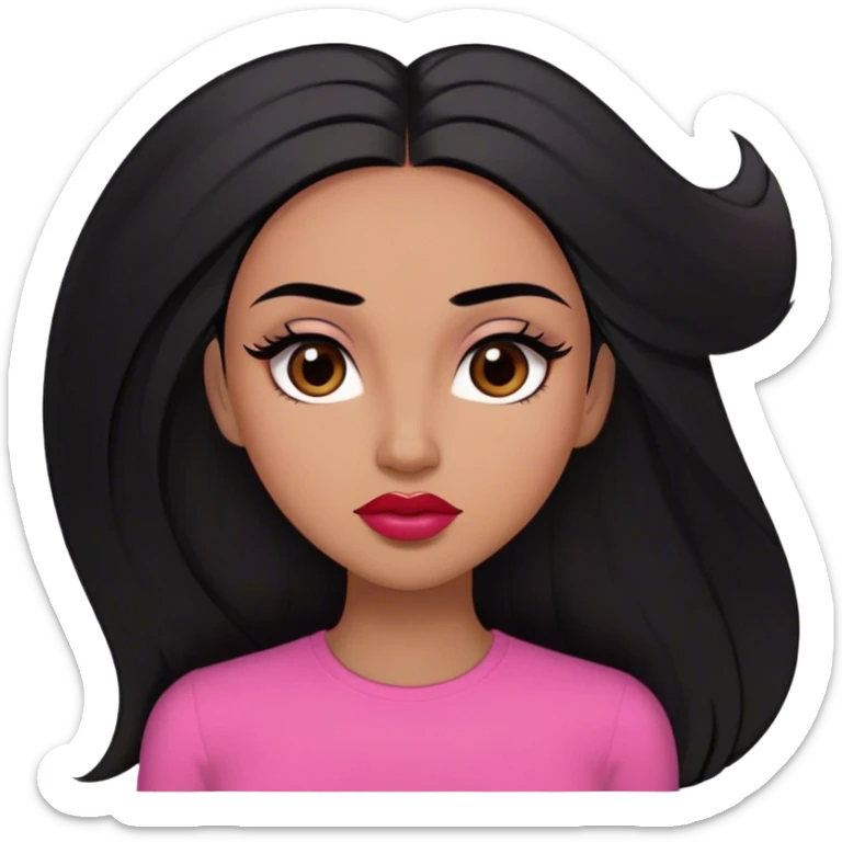 Woman,light brown skin,super long black straight hair, medium brown arched eyebrows, full lashes, red nude lips , pink shirt, small forehead  sticker