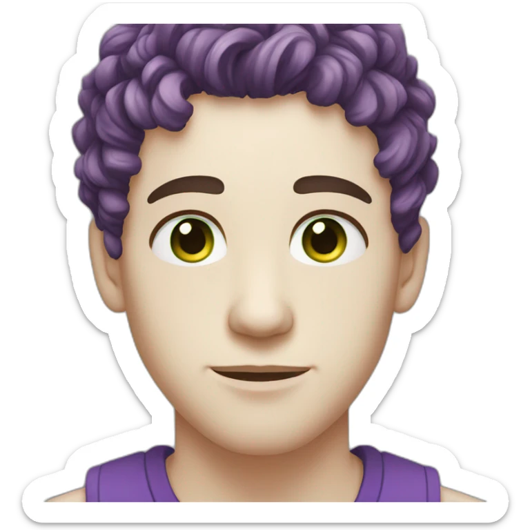 Male with white skin, green eyes, short violet curly hair, nose piercing sticker
