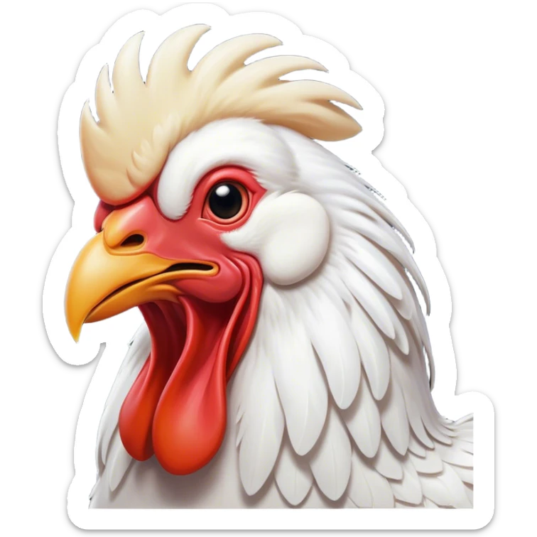 Cinematic Cute Yawning White Rooster Portrait Emoji, Head tilted slightly with a dramatic, wide-open yawn, showcasing a soft, downy white plumage with a crisp red comb and drooping wings, round eyes barely open in drowsy contentment, Simplified yet irresistibly adorable features, highly detailed, glowing with a soft, cozy glow, high shine, relaxed yet expressive, stylized with a touch of whimsy, bright and endearing, soft glowing outline, capturing the essence of a sleepy yet affectionate rooster, so drowsy it feels like it could stretch out of the screen and curl up for a nap! sticker
