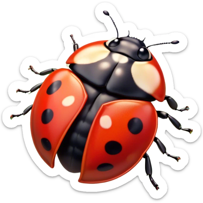 Beautiful and Majestic Ladybug Portrait Emoji, Head and body rendered in serene repose with a gentle, content smile, showcasing a tiny, perfectly rounded red shell with softly defined black spots and eyes gently closed in tranquil repose, Simplified yet exquisitely endearing features, highly detailed, glowing with a soft, drowsy red light, high shine, relaxed and utterly noble, stylized with an air of timeless garden beauty, soft glowing outline, capturing the essence of a beautiful and majestic ladybug that embodies the delicate charm of nature! sticker