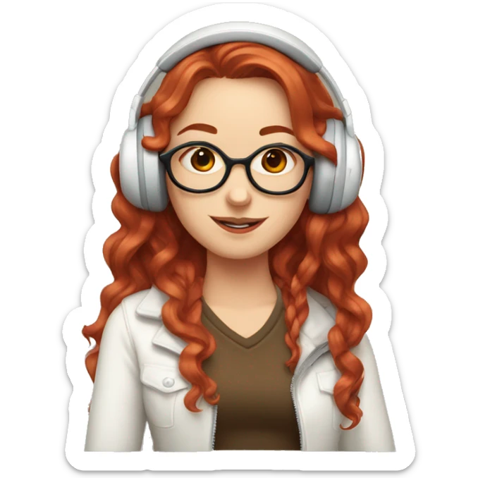 White girl with Peace Sign Hand, long red red wavy hair, square glasses, wearing headset and winking one eye sticker
