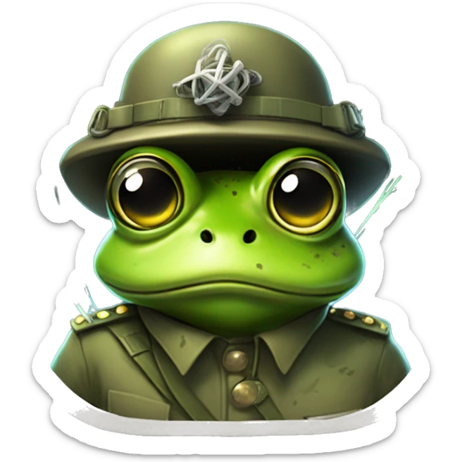 A radioactive humanoid frog in a military uniform with a petrified look on his face holding a large wire shooting sparks sticker