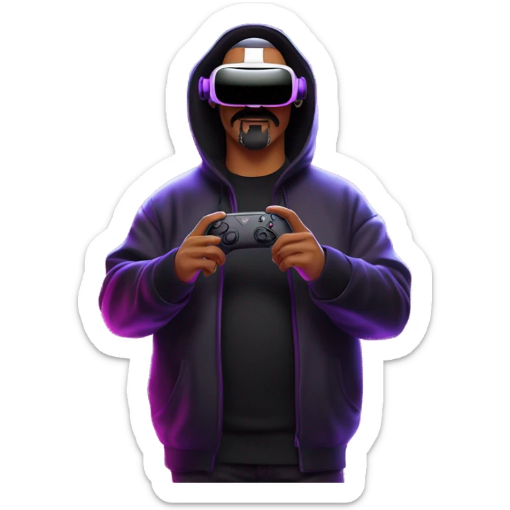 Big Lebowski wearing a black hoodie with "OMG" letters on it and VR headset oculus quest 2 in a cyberpunk VR environment with violet neon lighting. sticker
