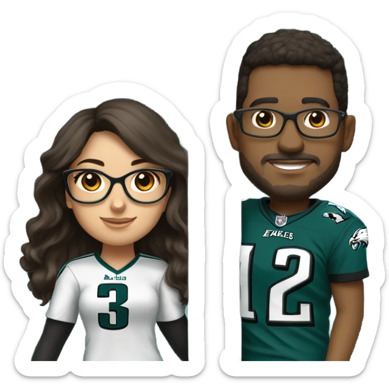 Dark brown hair female with glasses and male with light skin and light brown hair who are both eagles fan climbing up a pole sticker