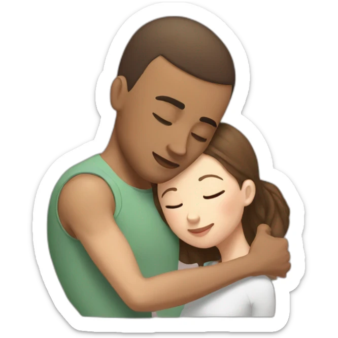 A mixed race man with very little hair kissing a white woman with brown hair, Who embrace each other tenderly sticker
