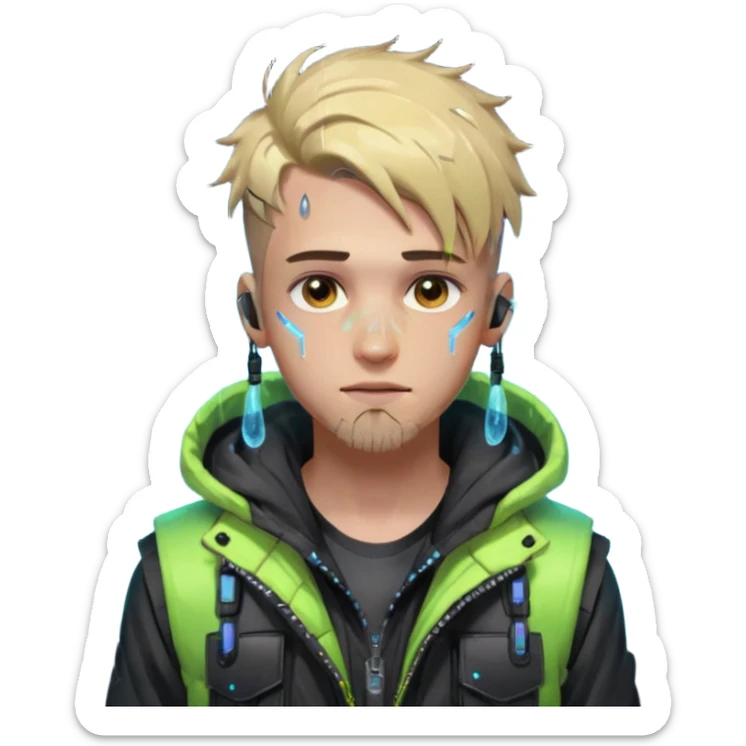 Cyberpunk street young adult, male, messy undercut, puffer vest over hoodie, glowing earpiece, light stubble, brown eyes, neon reflections, raindrops, dark background. sticker