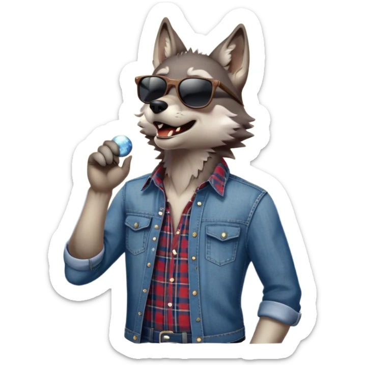 friendly anthropomorphised wolf in jeans and plaid shirt, wearing dark sunglasses, howling with the moon in the background, upright pose sticker