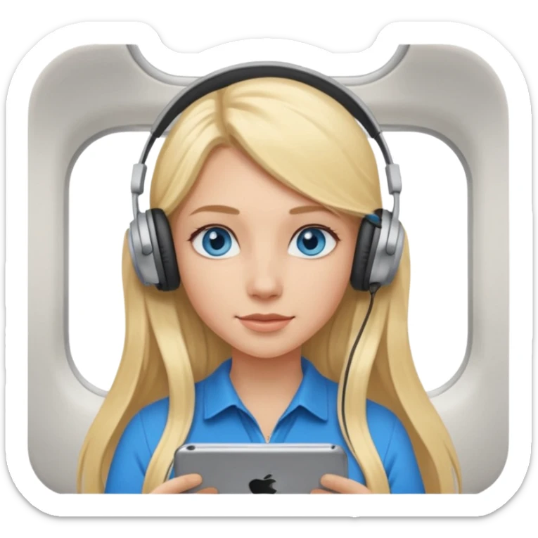 a blonde girl with long hair and blue eyes on a plane sticker
