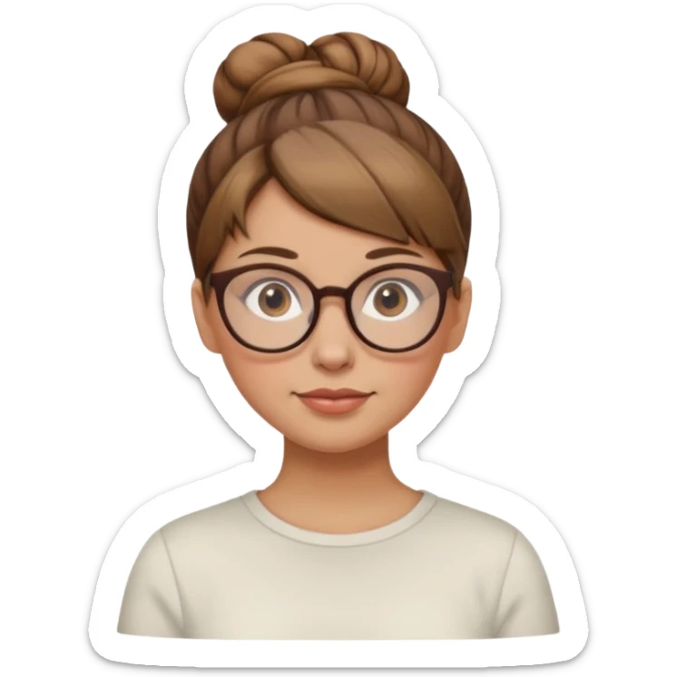 femme de 38 ans avec des cheveux châtain clair, un chignon haut, yeux bruns, lunettes rondes sticker