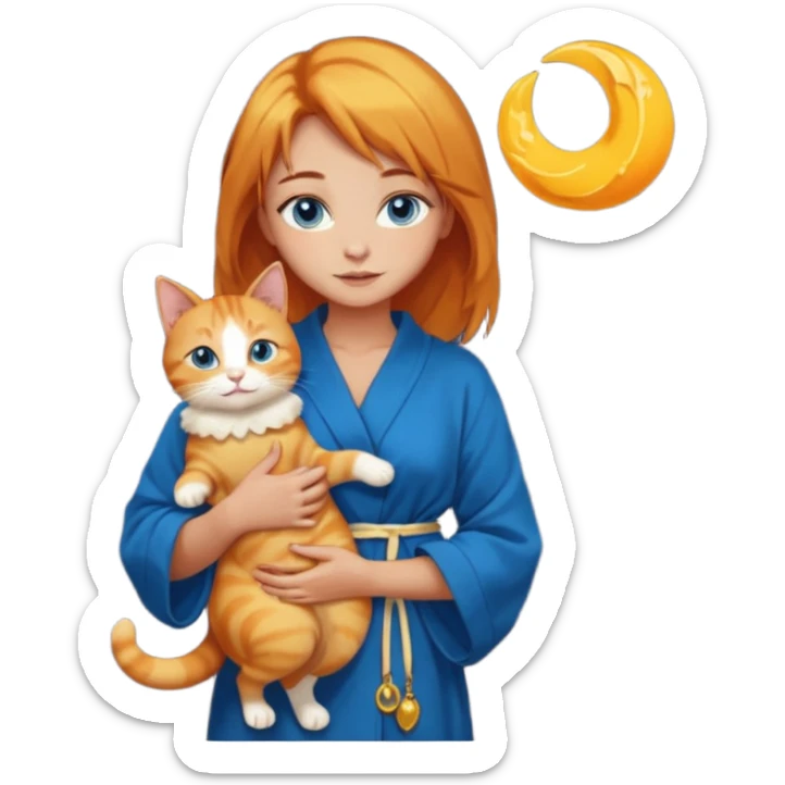 lightly tanned skin, blue eyes, cute and sexy girl with bright yellow-brown hair in a dark sky pallete robe, golden rings, slight cute makeup, full body, slightly turned aside pose, holding a cat in hands sticker