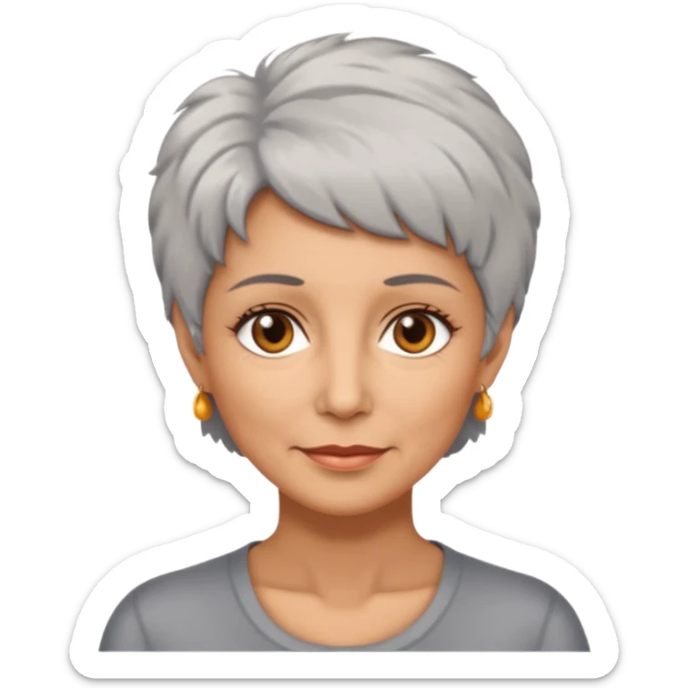 woman 50 years old, short grey fluffy hair, tannes skin and brown eyes sticker