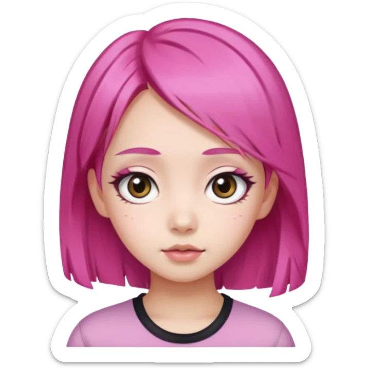 An Asian girl with Fashion pink hair, big eyes, thick eyebrows, and long eyelashes;  sticker