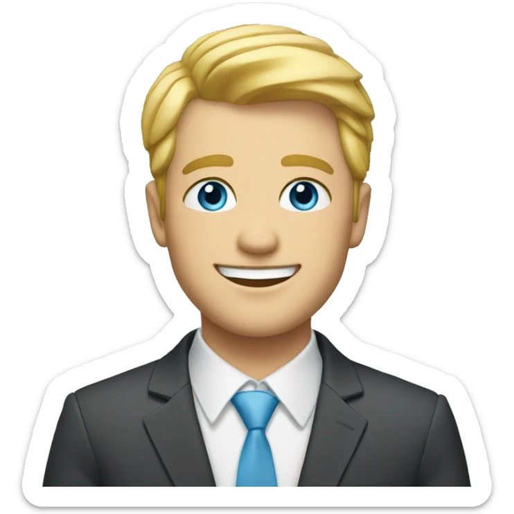 blonde male with short hair, sky blue eyes, big smile and a suit sticker