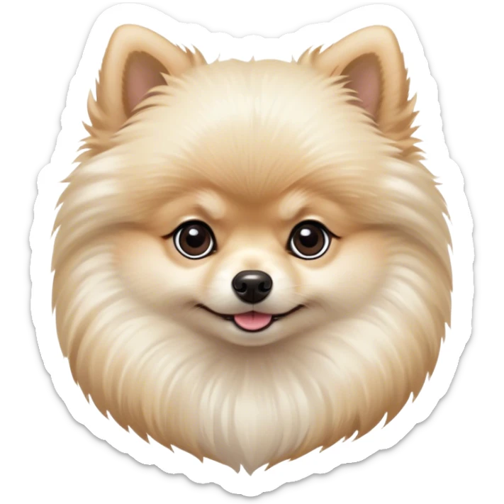 Cinematic Cute Cream Pomeranian Portrait Emoji, Head tilted playfully and inquisitively, featuring a luxurious, fluffy cream Fur with a natural sheen, round, sparkling dark eyes filled with curiosity, Simplified yet irresistibly adorable features, highly detailed, glowing with a warm, friendly glow, high shine, affectionate and lively, stylized with a touch of whimsy, bright and endearing, soft glowing outline, capturing the essence of a mischievous yet loving pup, so playful it feels like it could scamper out of the screen and into your arms! sticker