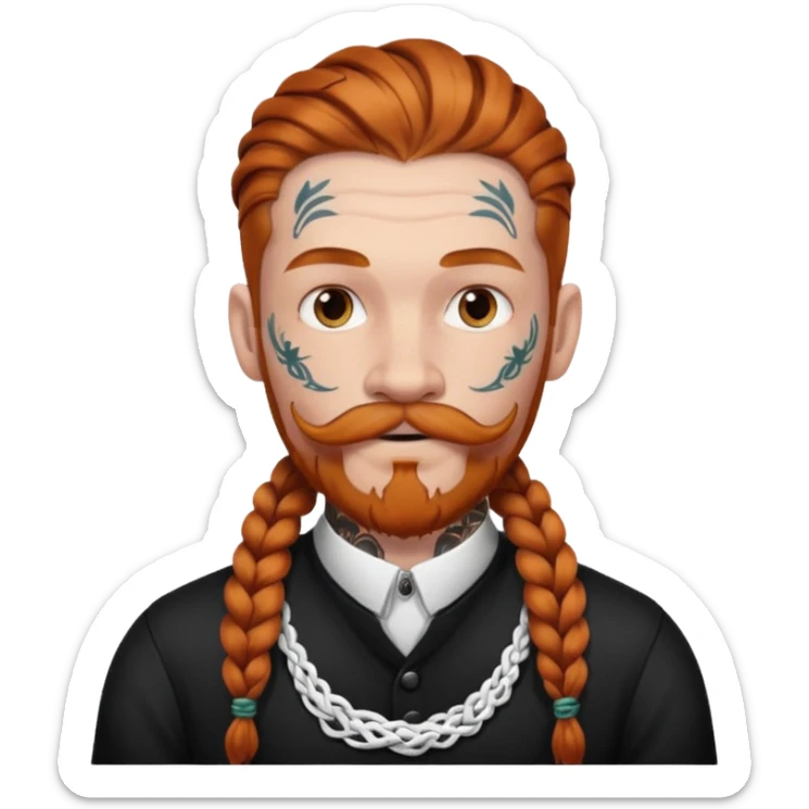 thick very dark ginger braids man very white old very tattoed with the whitest mustache ever sticker
