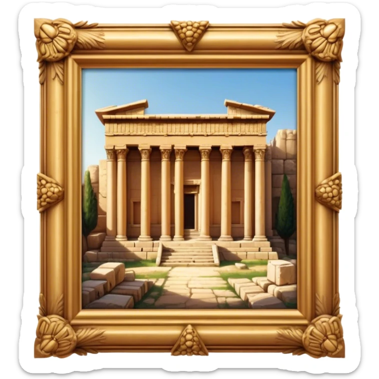 Baalbek temple – Cinematic Realistic Baalbek Temple, depicted as an ancient Roman temple complex with towering columns and intricately carved stone details, bathed in golden sunlight and dramatic shadows that evoke timeless historical grandeur. sticker