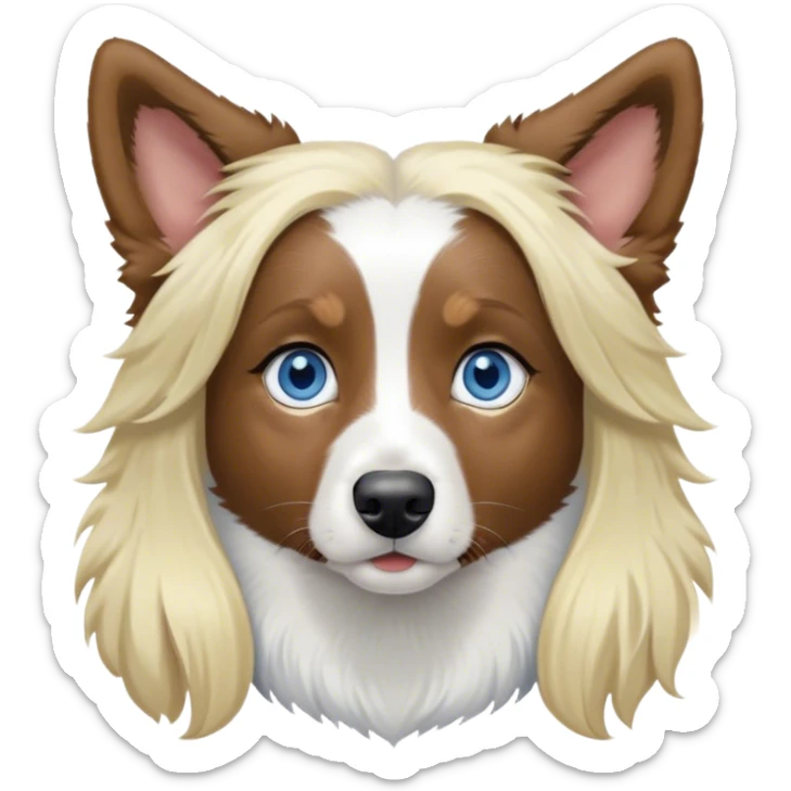 pale girl with blue eyes and long blonde hair and black white Australian shepherd with perked up ears sticker
