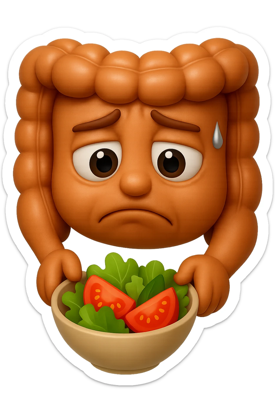 EMOJI STILE IPHONE DI UN INTESTINO UMANO ANATOMICO CHE GUARDA UN INSALATA CON ESPRESSIONE TRISTE E RASSEGNATA IN VOLTO: SOFFRE LA FAME PERCHé è A DIETA, FAGLI ANCHE LA PARTE BIANCA DEGLI OCCHI, NON SOLO LE PUPILLE, IPERREALISTICO 4K sticker