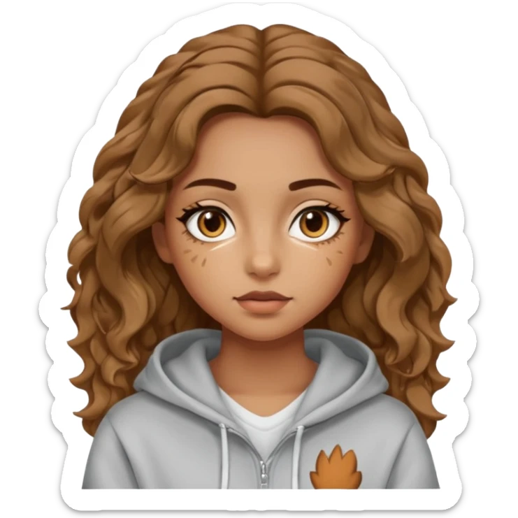 girl with wavy hair, almond shaped eyes, birthmark near her eye, tan, with swag sticker