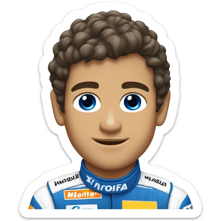 Lando norris with a mullet hair cut, blue eyes and mclaren suit sticker