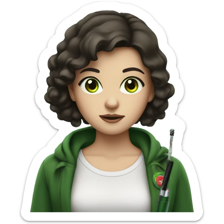 girl with dark brown hair and green eyes with electric cigarette  sticker