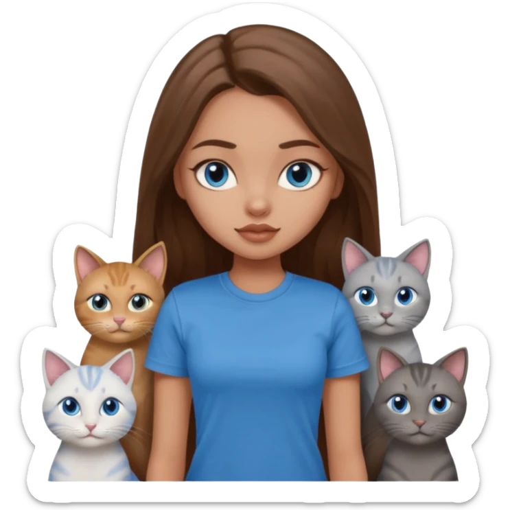 a pretty bratz dusky light skin girl with long brown hair, blue eyes with six cats nd wearing a grey tshirt sticker