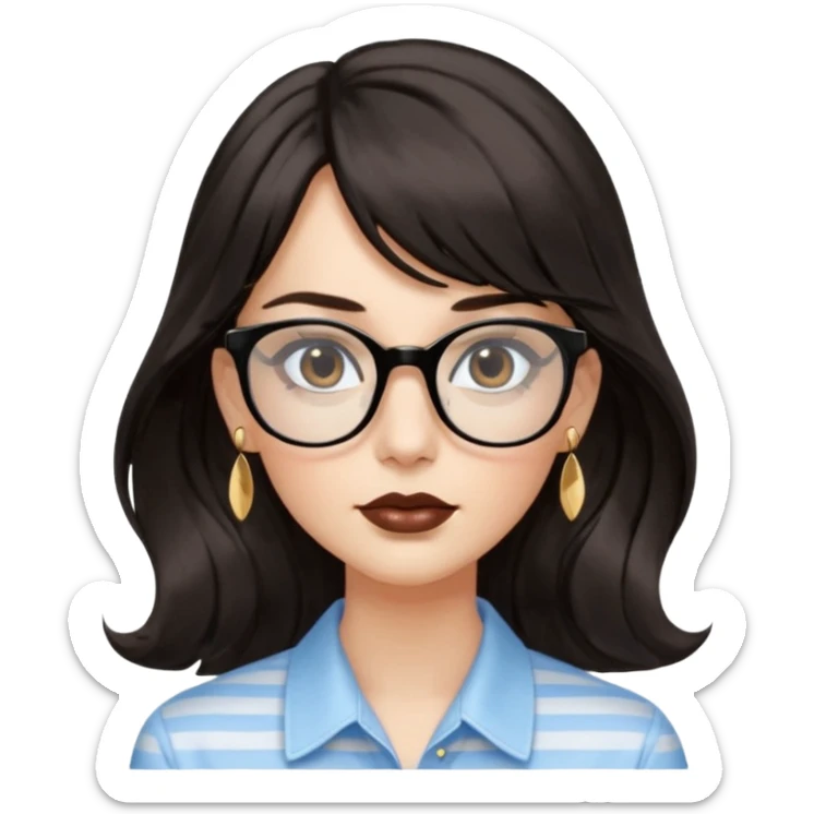 An emoji featuring a woman with long wavy dark brown hair and a whispy bang, wearing thick black square glasses, gold drop earrings. She has long lashes and a nude browny glossy lipstick. She's wearing an oversize light blue shirt with white vertical strips. sticker