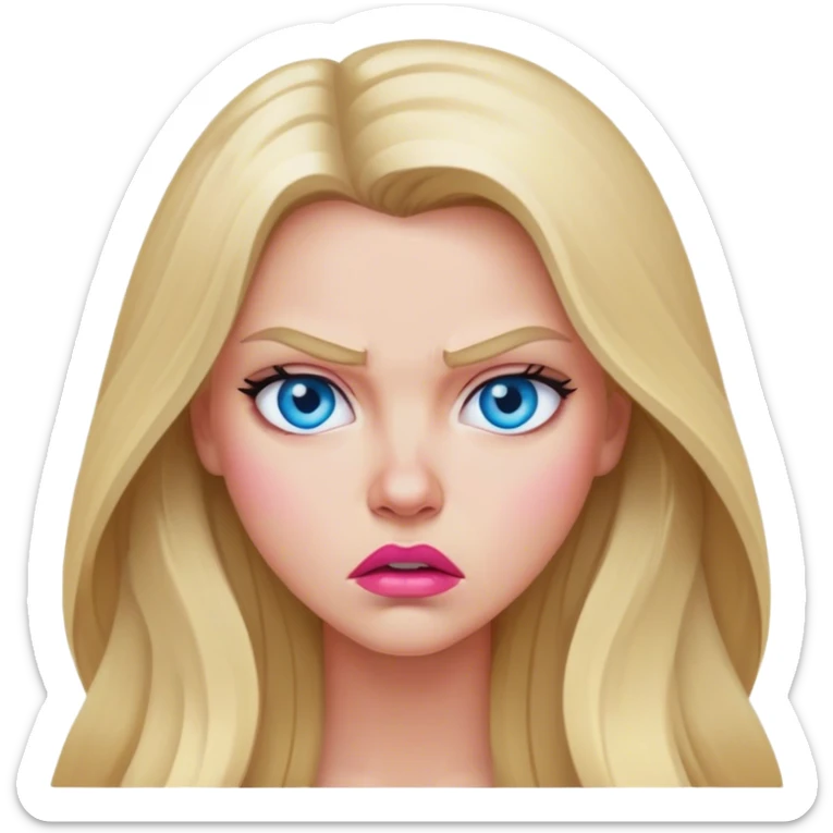Cinematic realistic beautiful blonde with long hair, blue eyes and pink lips gets angry sticker