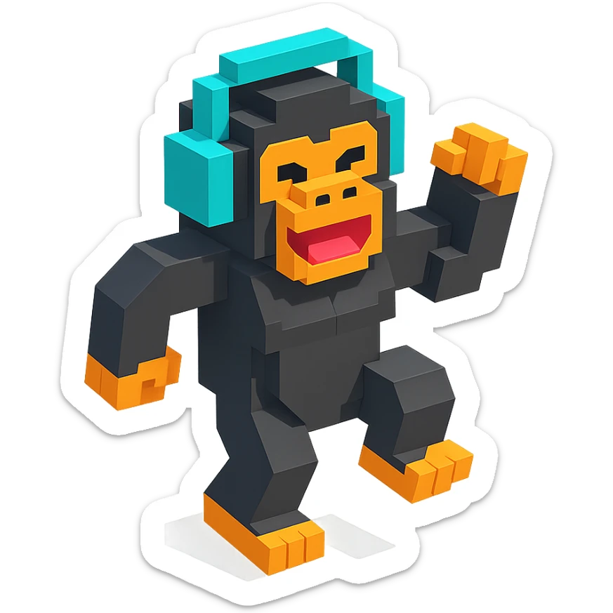gorilla with headphones dancing, isometric view, voxel style sticker