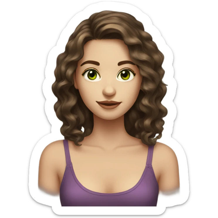 pretty girl with medium length a little bit dark wavy brown hair green eyes light skin sticker