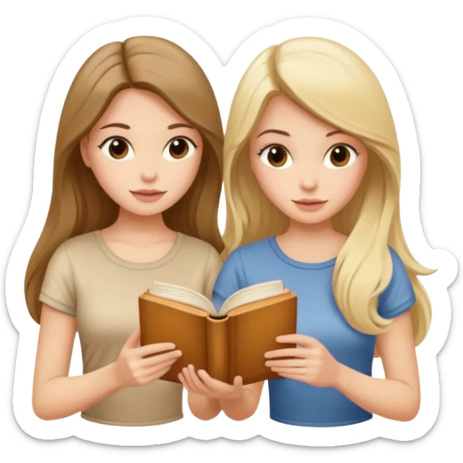 two beautiful girls in beige tops reading a beautiful vintage book. one brunette, the other blonde. both with long hair with sticker