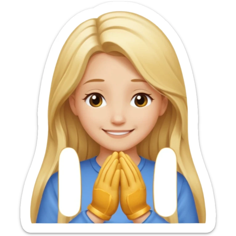 Girl with long blonde hair smiling with chin resting on flat hands facing down sticker