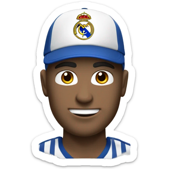 Chico de piel blanca con una gorra azul con, una camisa de futbol del equipo de futbol Real Madrid y Con unos pantalones oscuros sticker