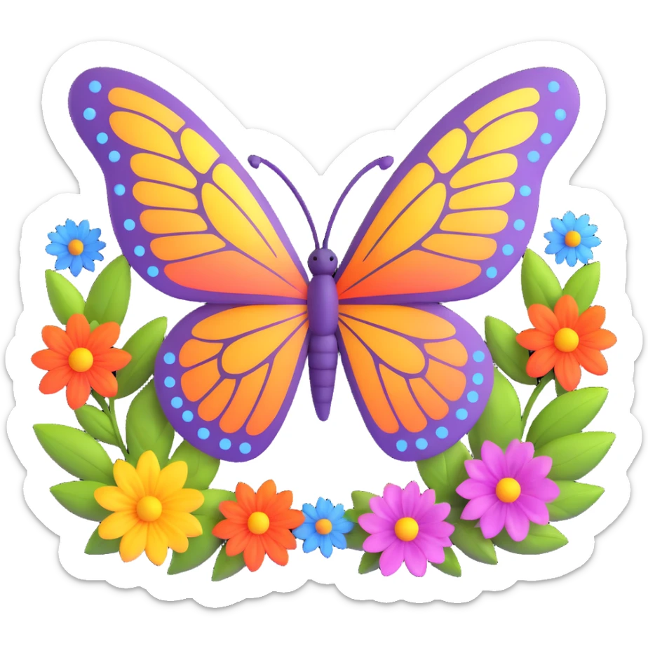 Add various colorful flowers and decorative nature motifs around the butterfly, maintaining the magical, 3D cartoon, digital fantasy art style with transparent background and all existing effects (glowing outline, sparkling accents, magical particles, elegant wings). sticker