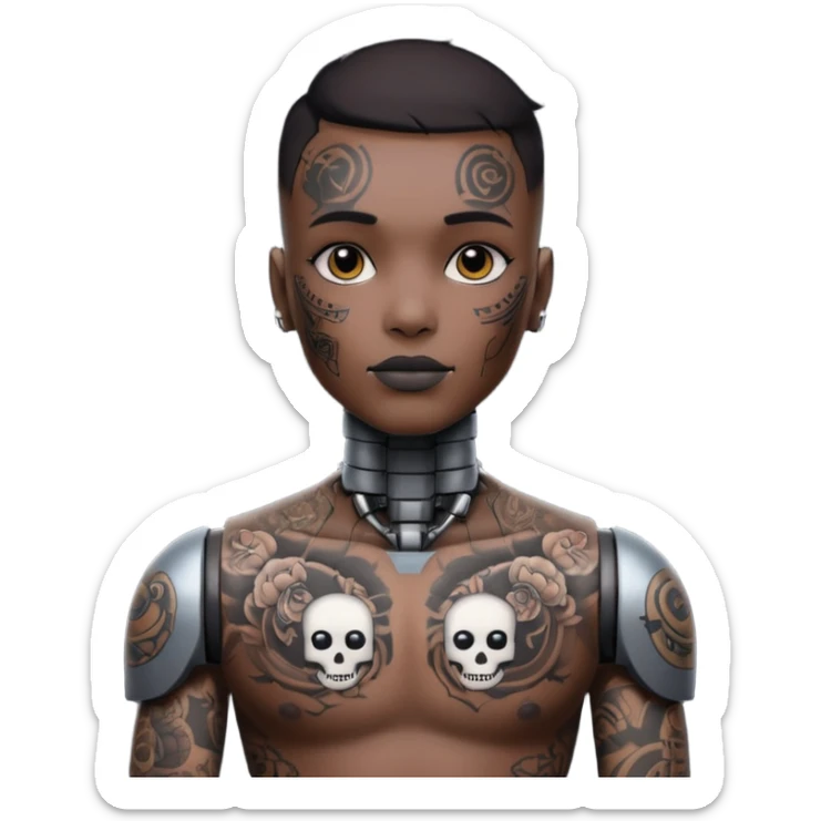 black Tatooed robot, big many tatooes on chest, neck and face, white tatoo on face sticker