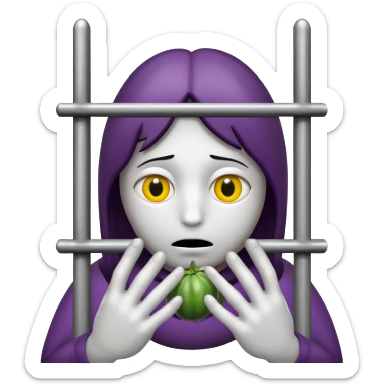 Smutna buźka z bakłażanami w miejscach oczu. Buźka jest za więziennymi kratami trzymając się ich rękami sticker