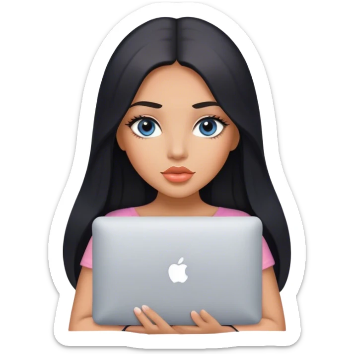 Glamours, tanned, very beautiful girl, with big pump peach lips, black straight smooth silky long hair, straight parting, blue-grey eyes, holding MacBook sticker