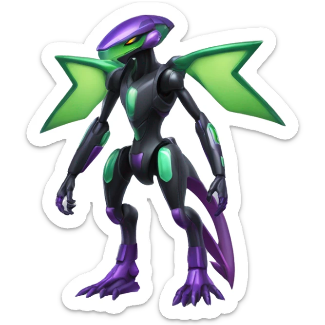 a shiny black-green-purple Genesect-Flygon-Raptor-Fakémon-Medabot-hybrid with a futuristic visor-helmet full body sticker