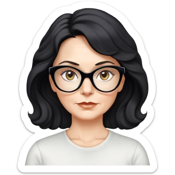 white woman about 50 years old with light warm skin, wavy black hair to the neck, neutral determined expression, large black shiny butterfly or cat-eye glasses, white casual t-shirt, calm and creative energy sticker