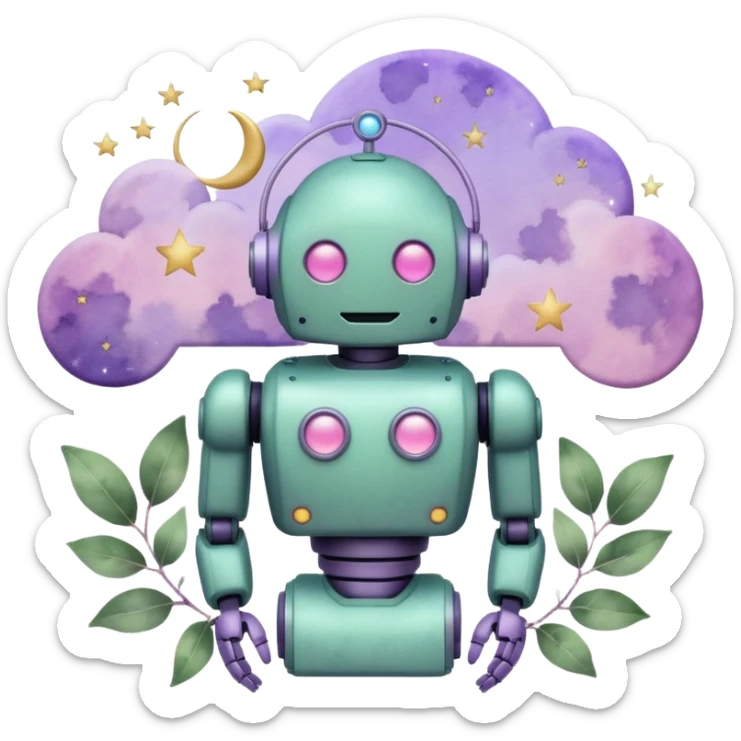 watercolor-style emoji of robot silhouette with “AI” inside a lilac cloud, connected to a soft circuit shape. gentle pastel palette (sage green, blush, lilac), surrounded by leaves, moon, and stars — poetic and calm aesthetic. sticker