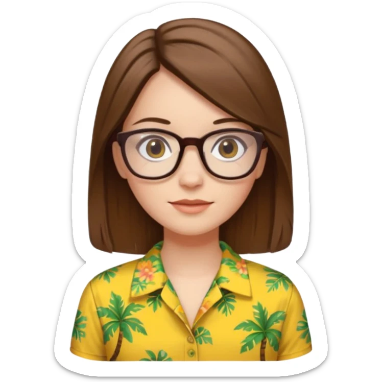 Hawaii female with white skin. Shoulder length straight brown hair. Brown eyes with glasses. Female wearing yellow Hawaiian print shirt. sticker