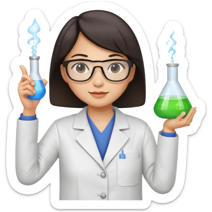 female asian chemistry teacher wearing glasses holdin a flask pointing right with straight short hair to her shoulders sticker