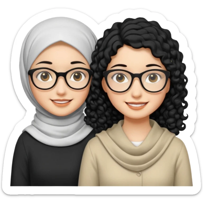 White hijabi girl with black eyes with another girl have long black hair wearing glasses with  another another girl have curly short  honey hair and wearing white glasses  sticker